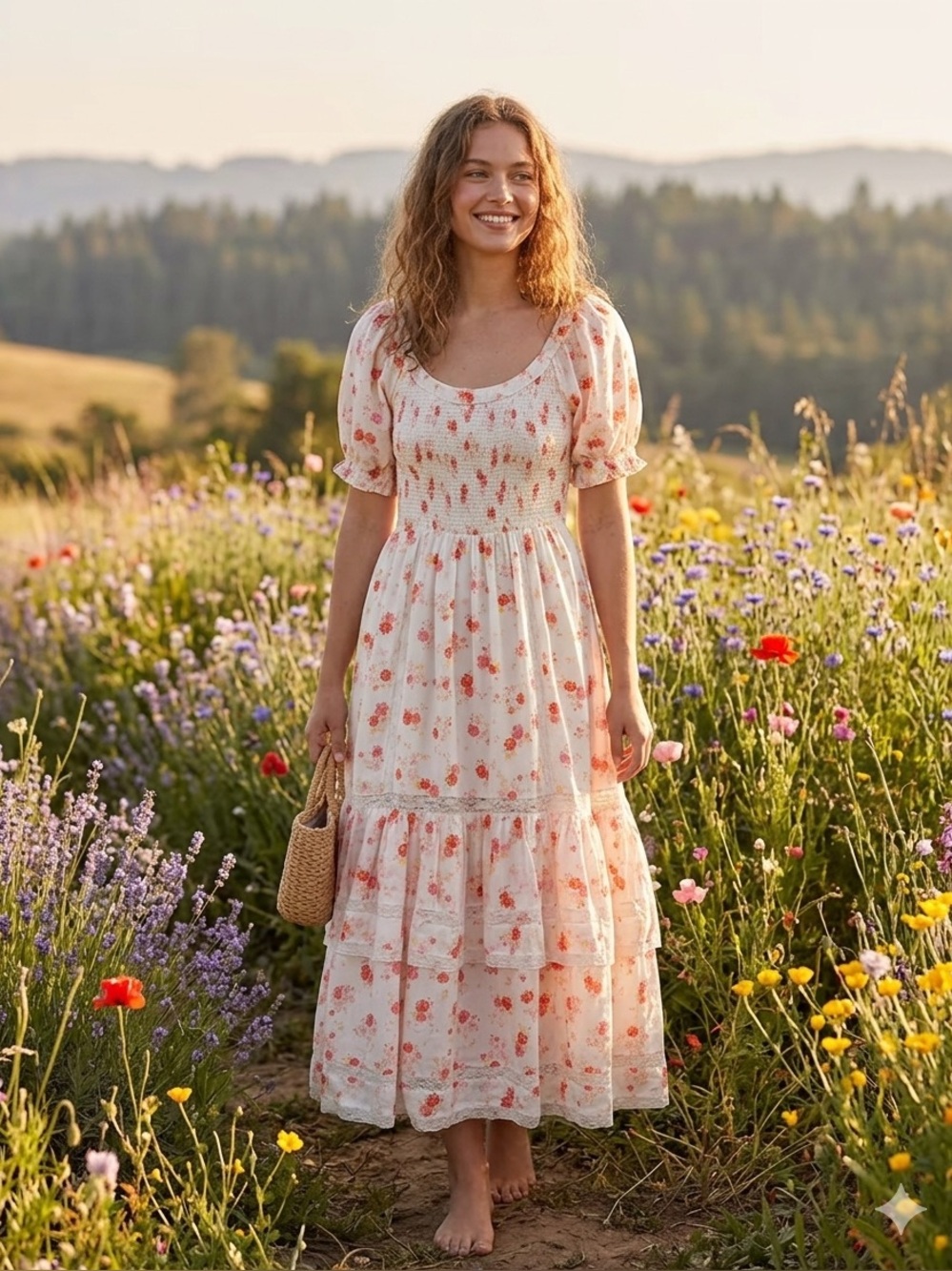 LoveShackFancy Cream Midi Dress with Coral Floral Print